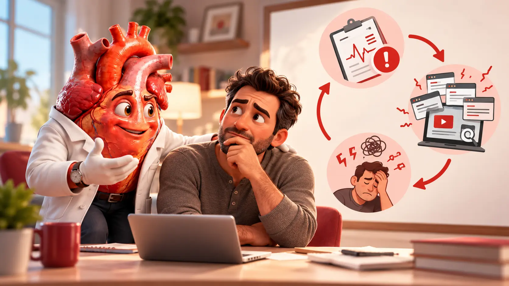 Dr. Tum Tum ajudando uma pessoa a visualizar o ciclo de alerta, busca excessiva e frustração